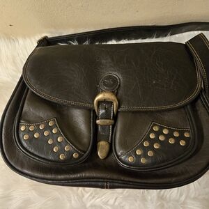Rare David Jones Black Leather Studded Handbag with Pockets and adjust Strap